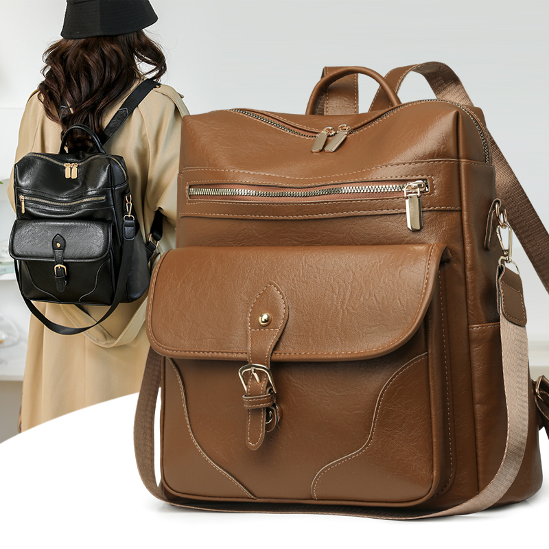 Leather Work Rucksack - Women Vintage PU Leather Backpack Large