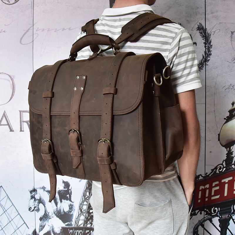 Leather Work Rucksack - Men Thick Crazy Horse Leather Laptop
